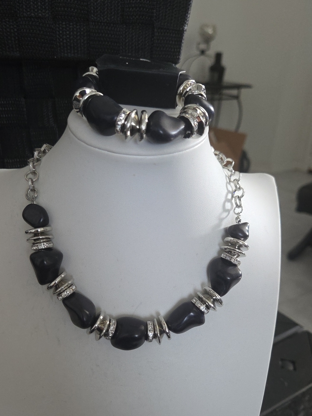 Paparazzi Stunningly Stone Age Black Necklace /Stone Age Stunner Bracelet NWT